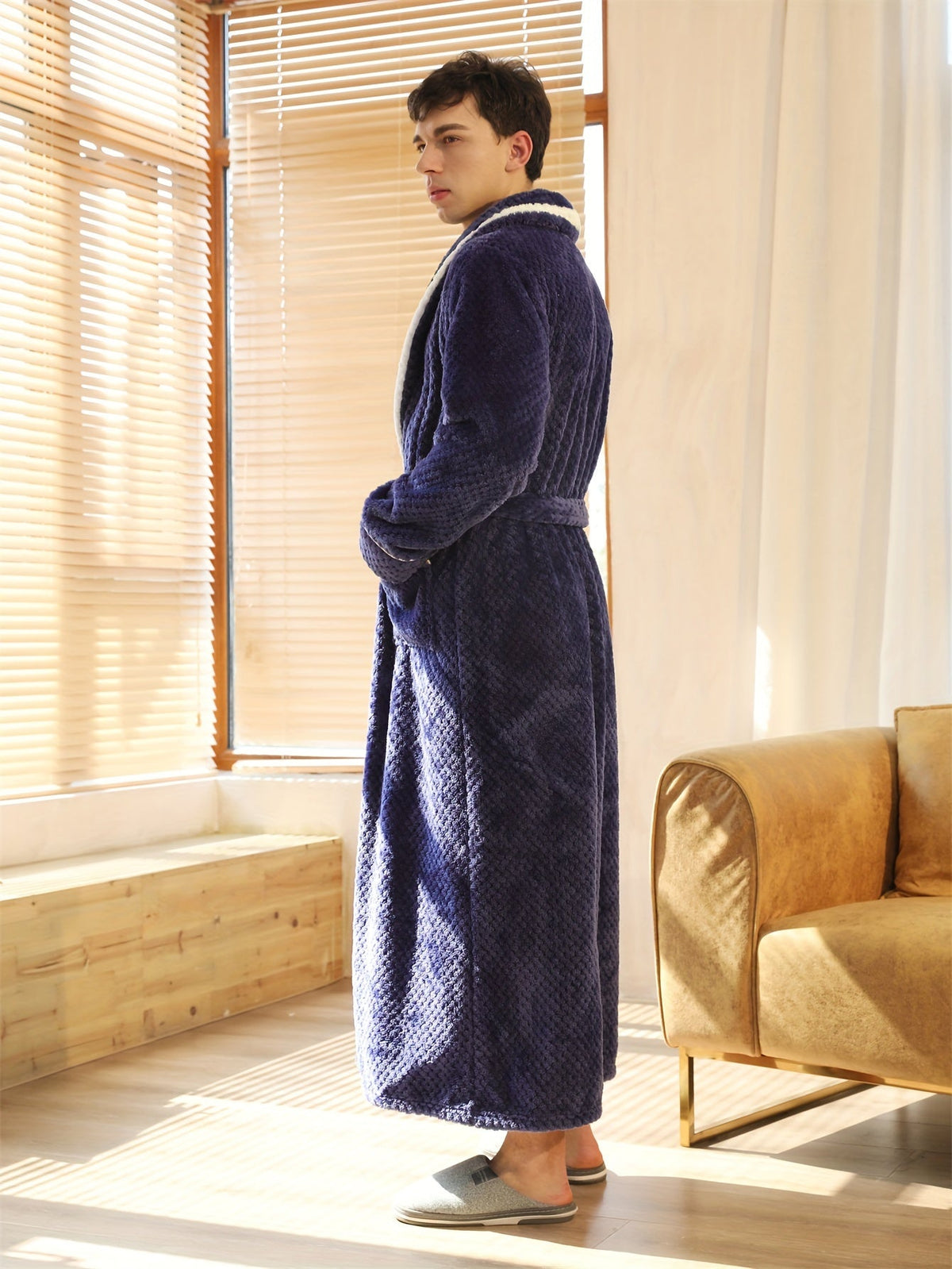 Men's long waffle velour dressing gown