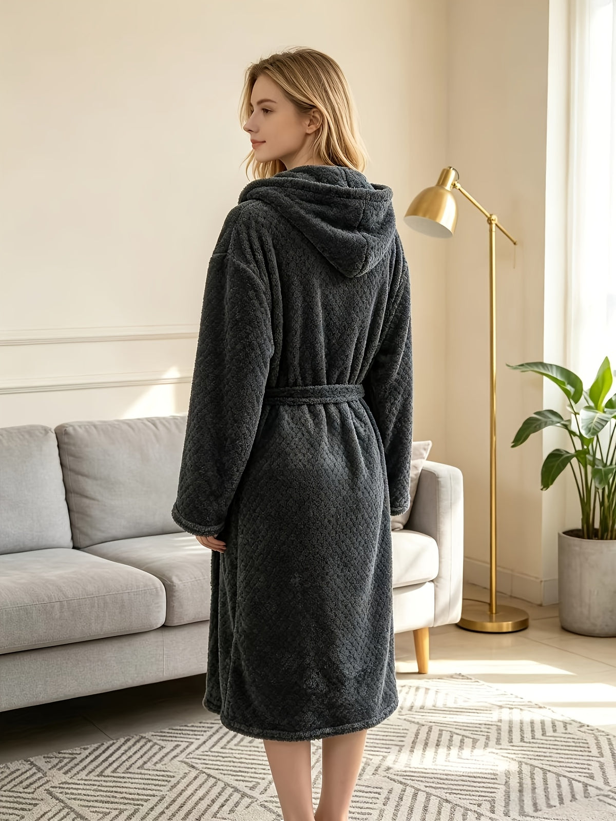 Women's grey hooded flannel bathrobe