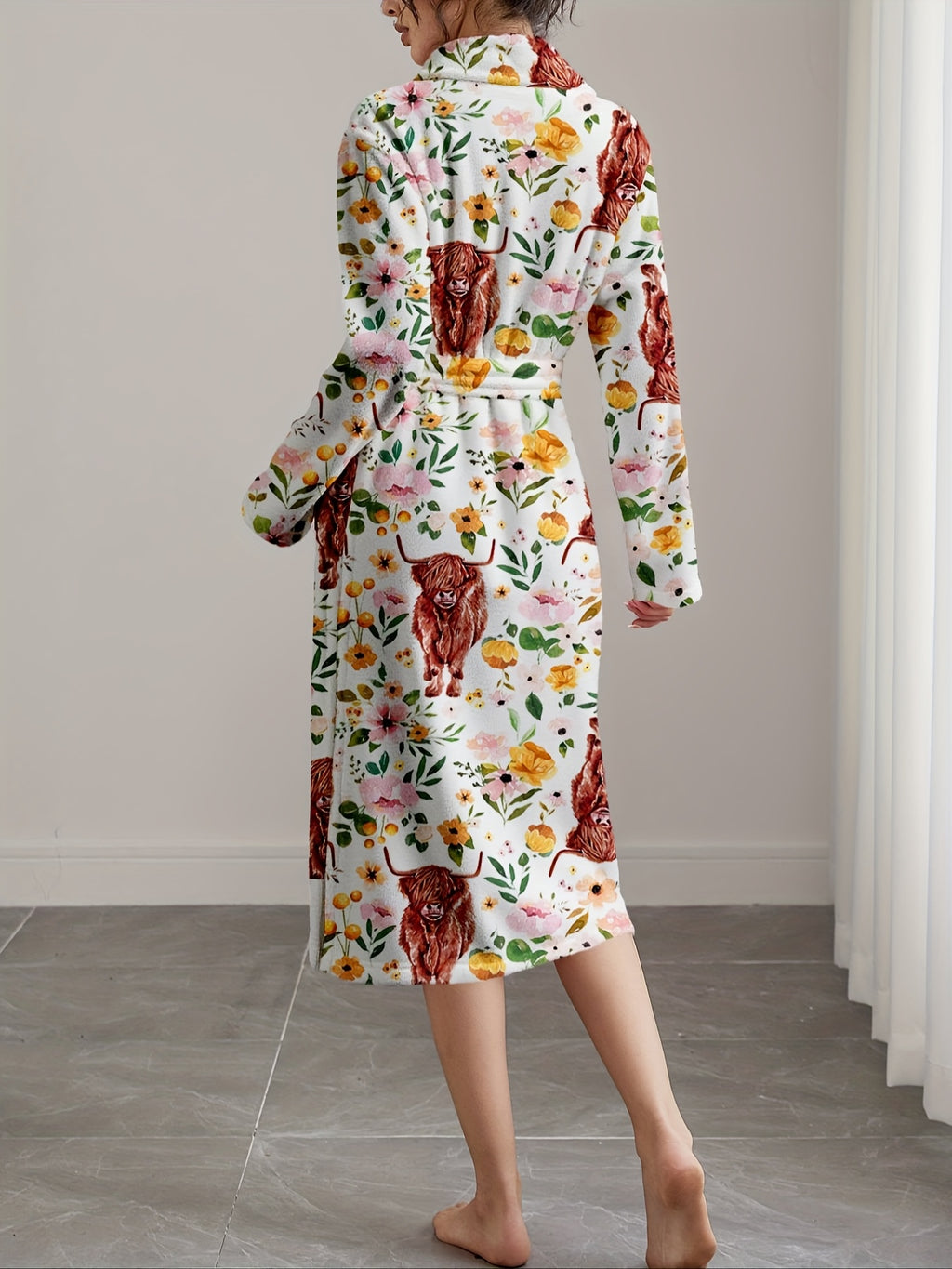 Women's Highland cow print flannel dressing gown