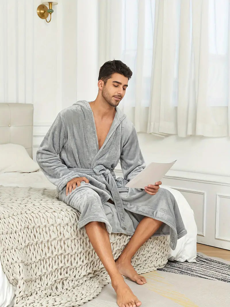 Men's hooded cotton bathrobe