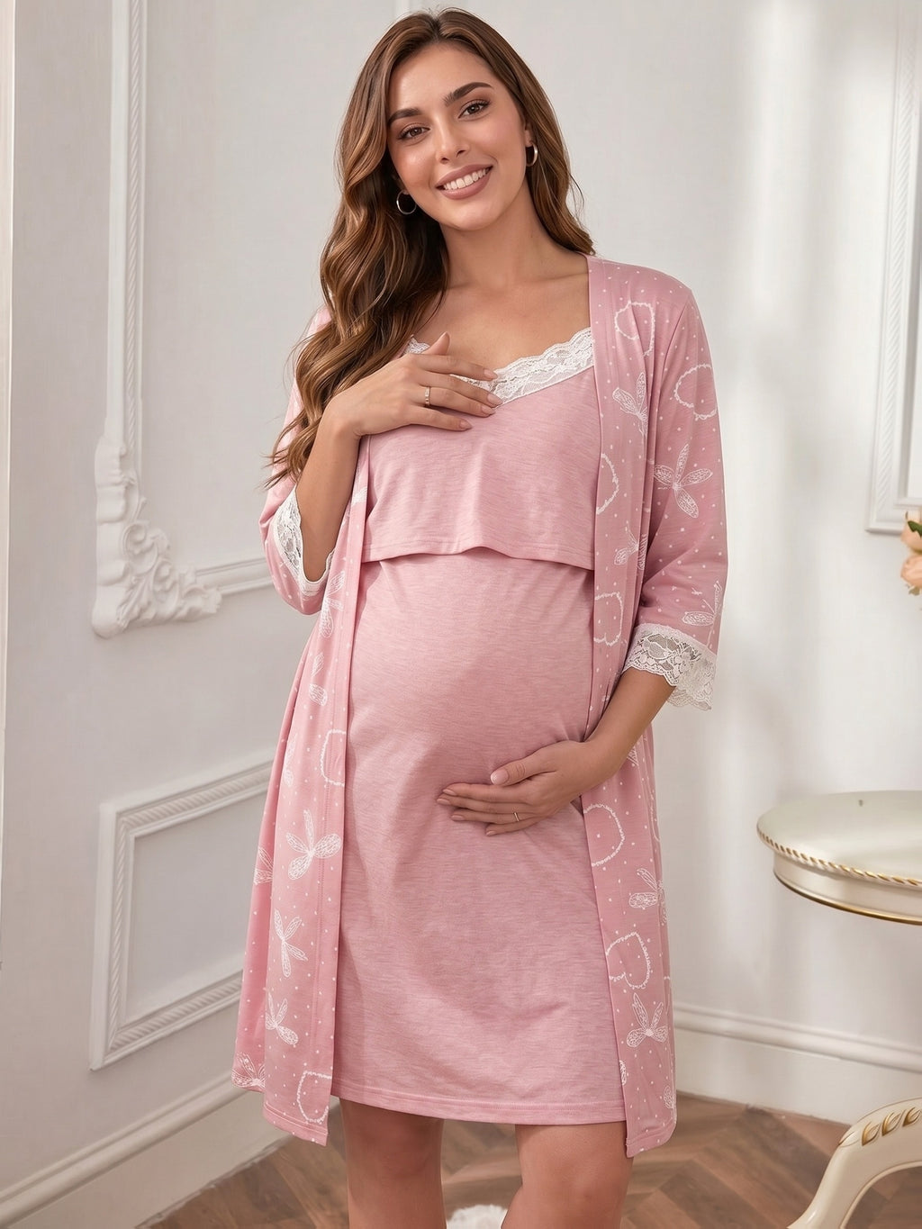 Women's maternity lace dressing gown and nightdress set