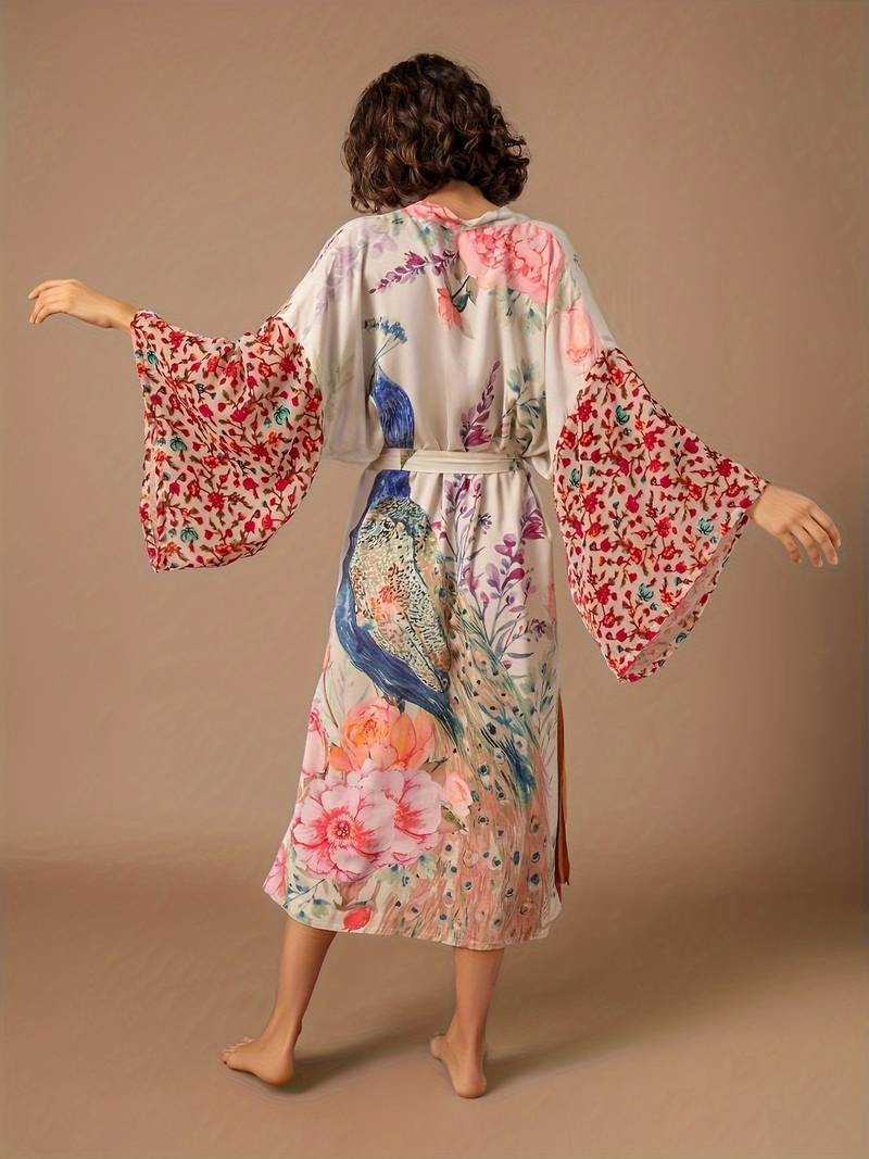 Kimono Satin Imprimé Floral et Oiseaux — photo 2