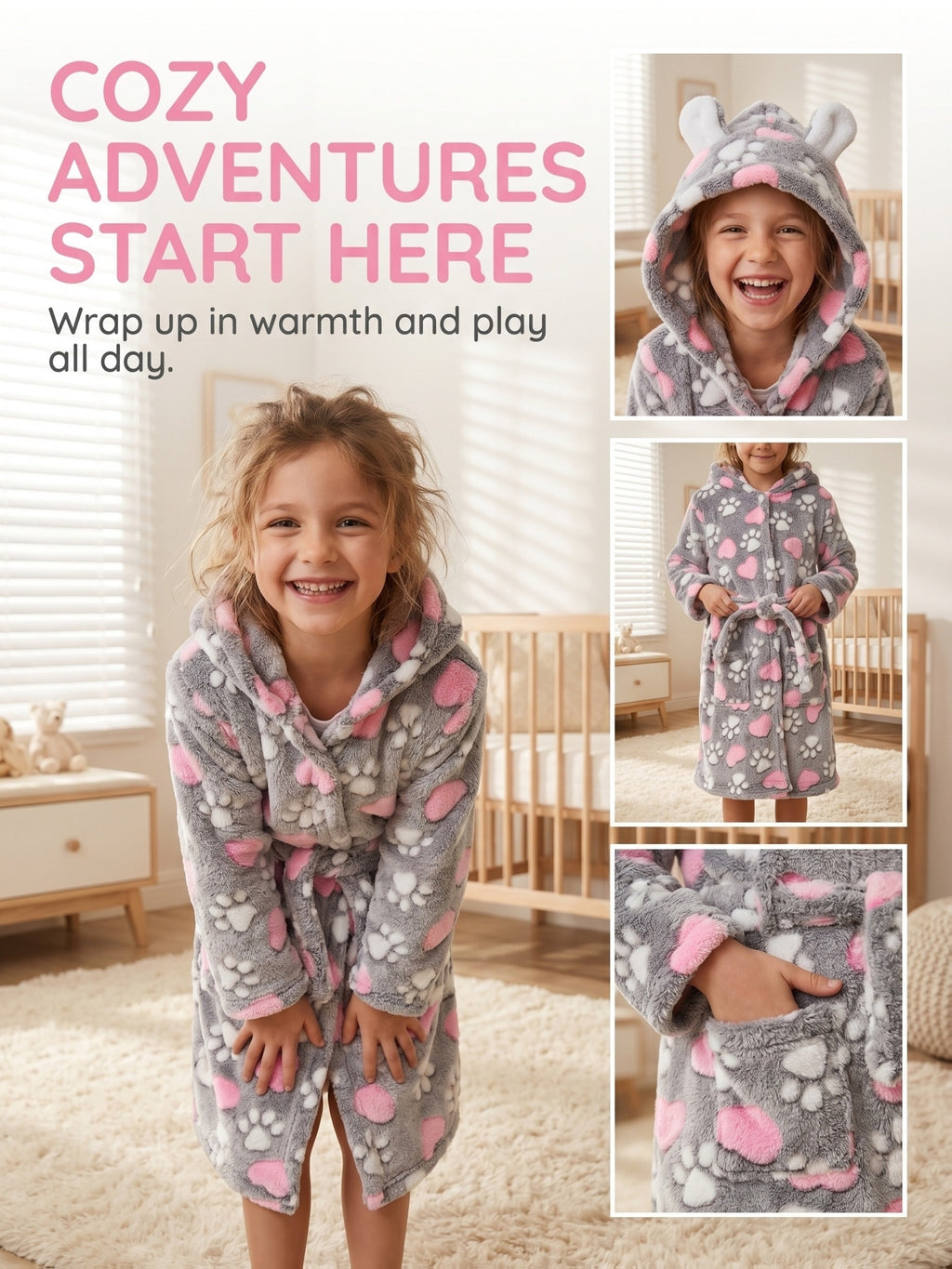 Girls' grey heart print hooded fleece dressing gown