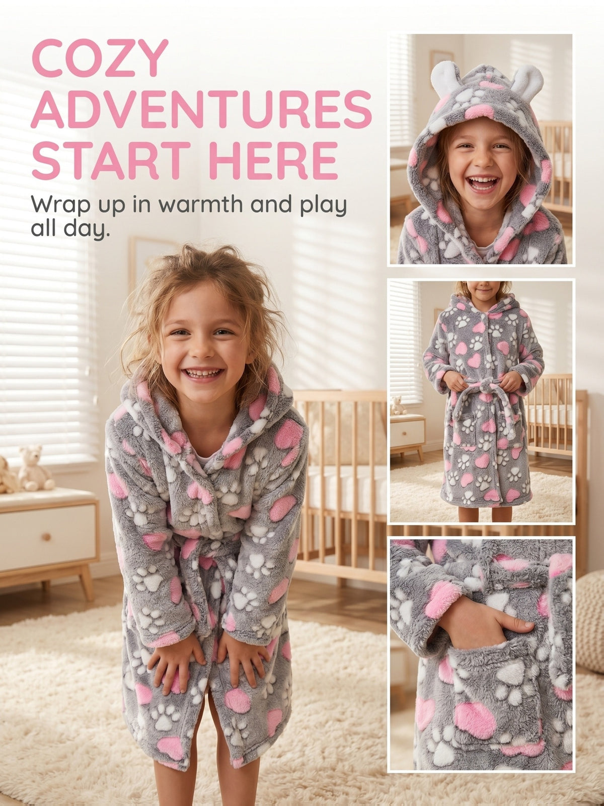 Girls' grey heart print hooded fleece dressing gown