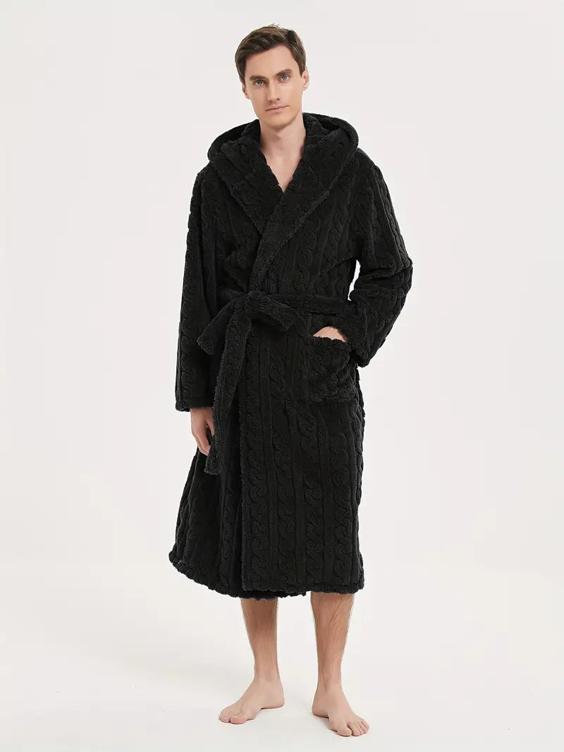 Men's hooded winter fleece bathrobe — Black