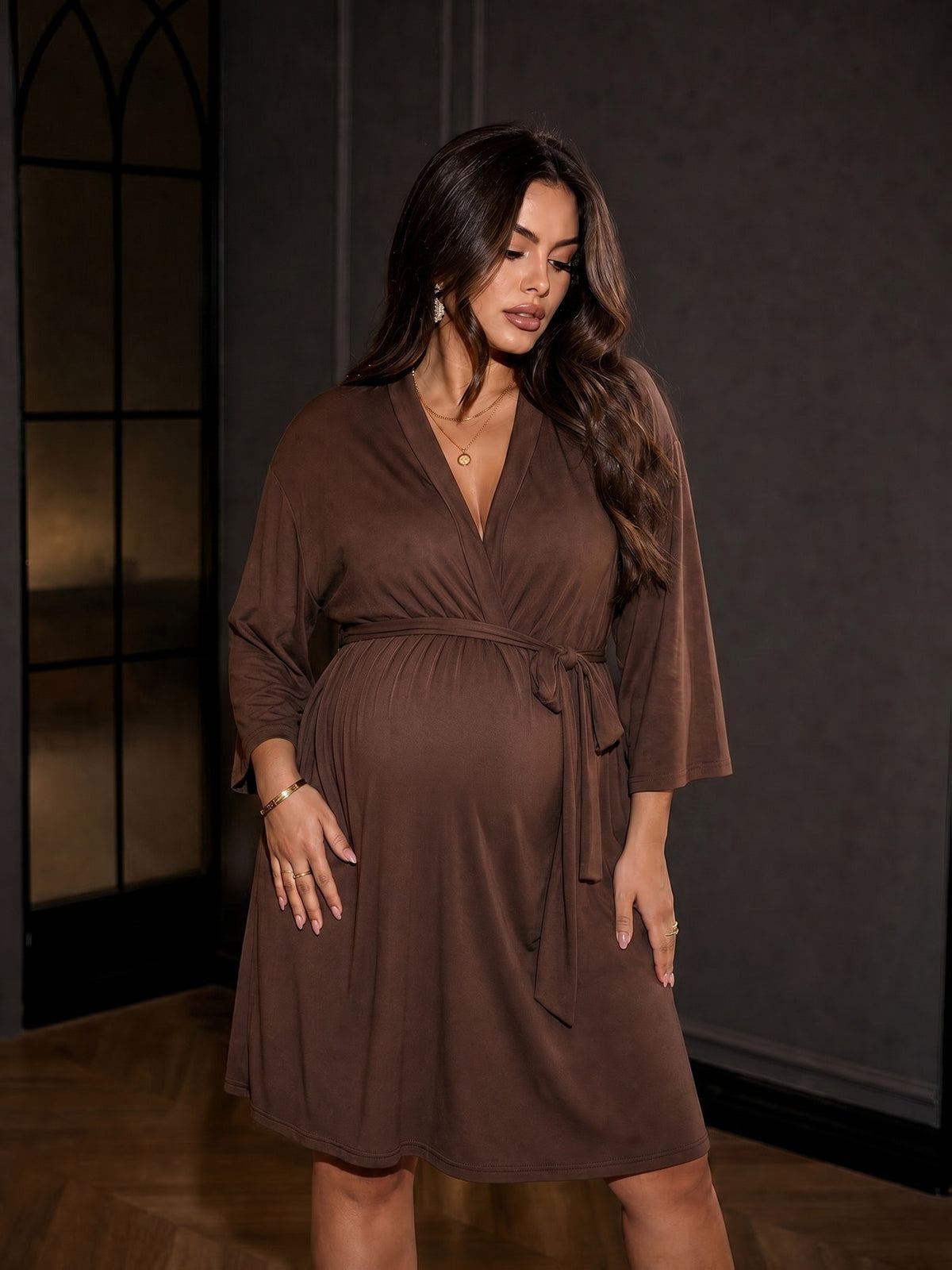 Women's plus size brown maternity dressing gown