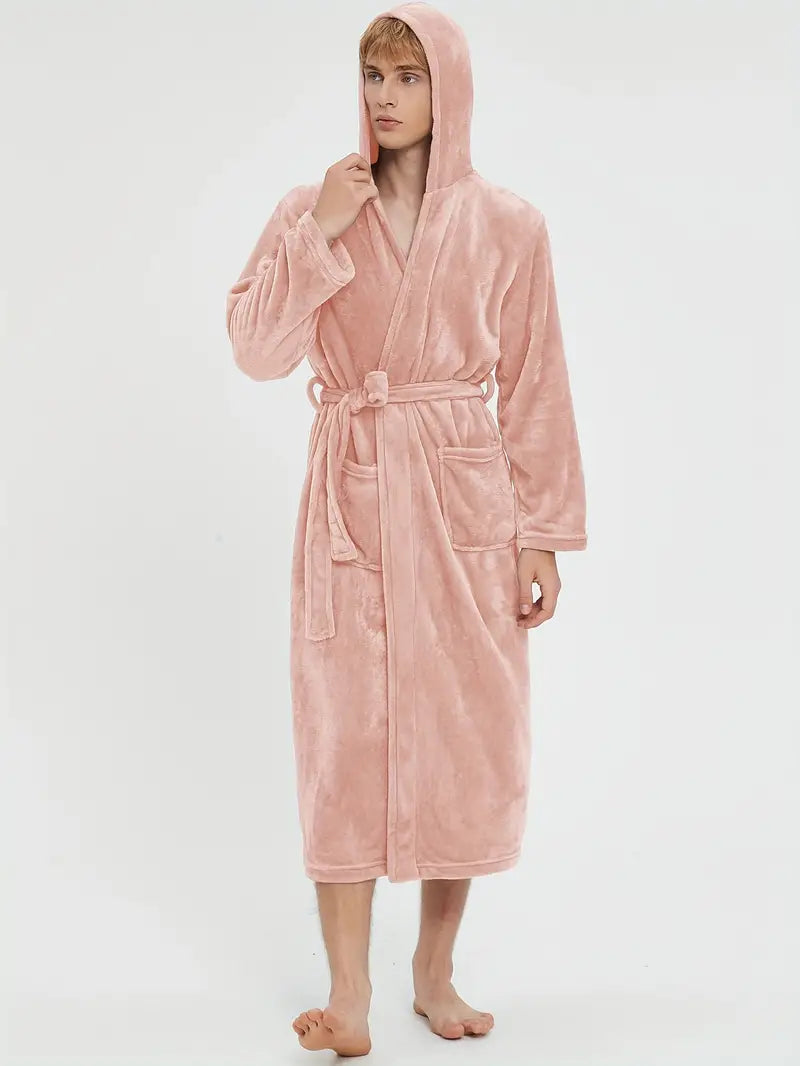 Men's hooded fleece bathrobe, charcoal — Pink