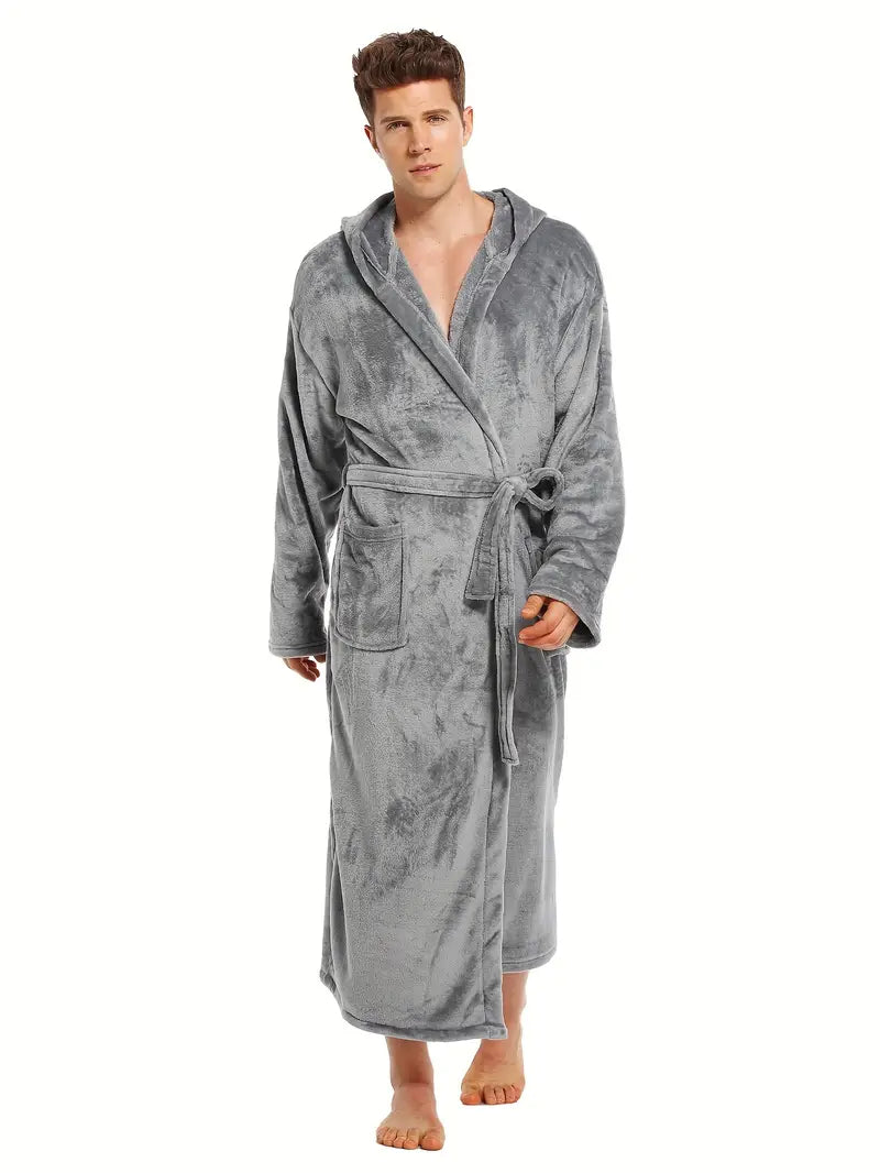 Men's comfortable hooded fleece bathrobe
