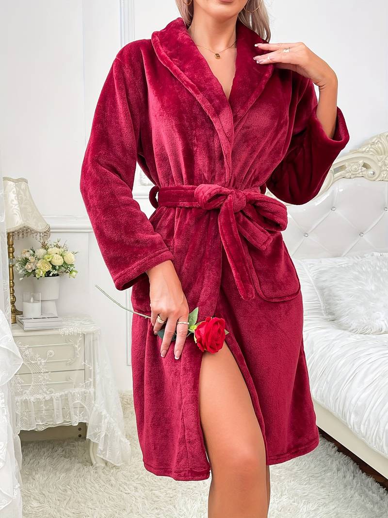 Women's short red fleece bathrobe