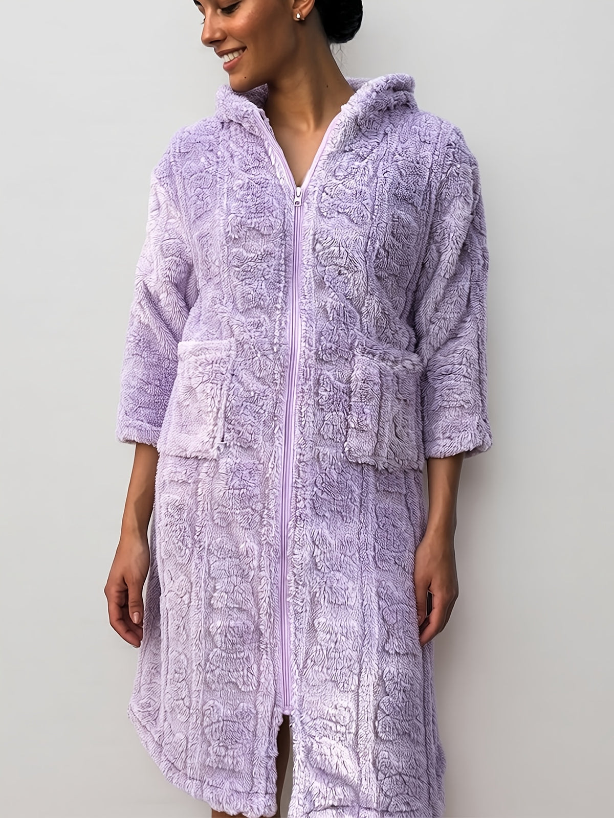 Women's heart print hooded zip-up dressing gown