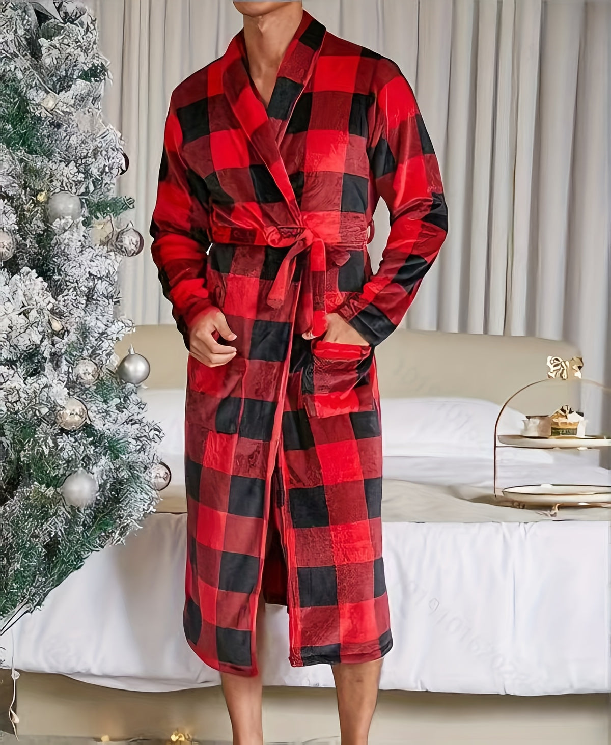 Men's red and black check flannel dressing gown