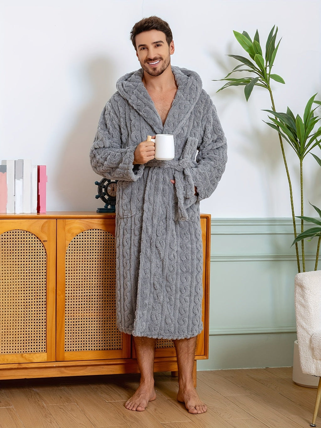 Men's cable-textured hooded towelling bathrobe — Light grey