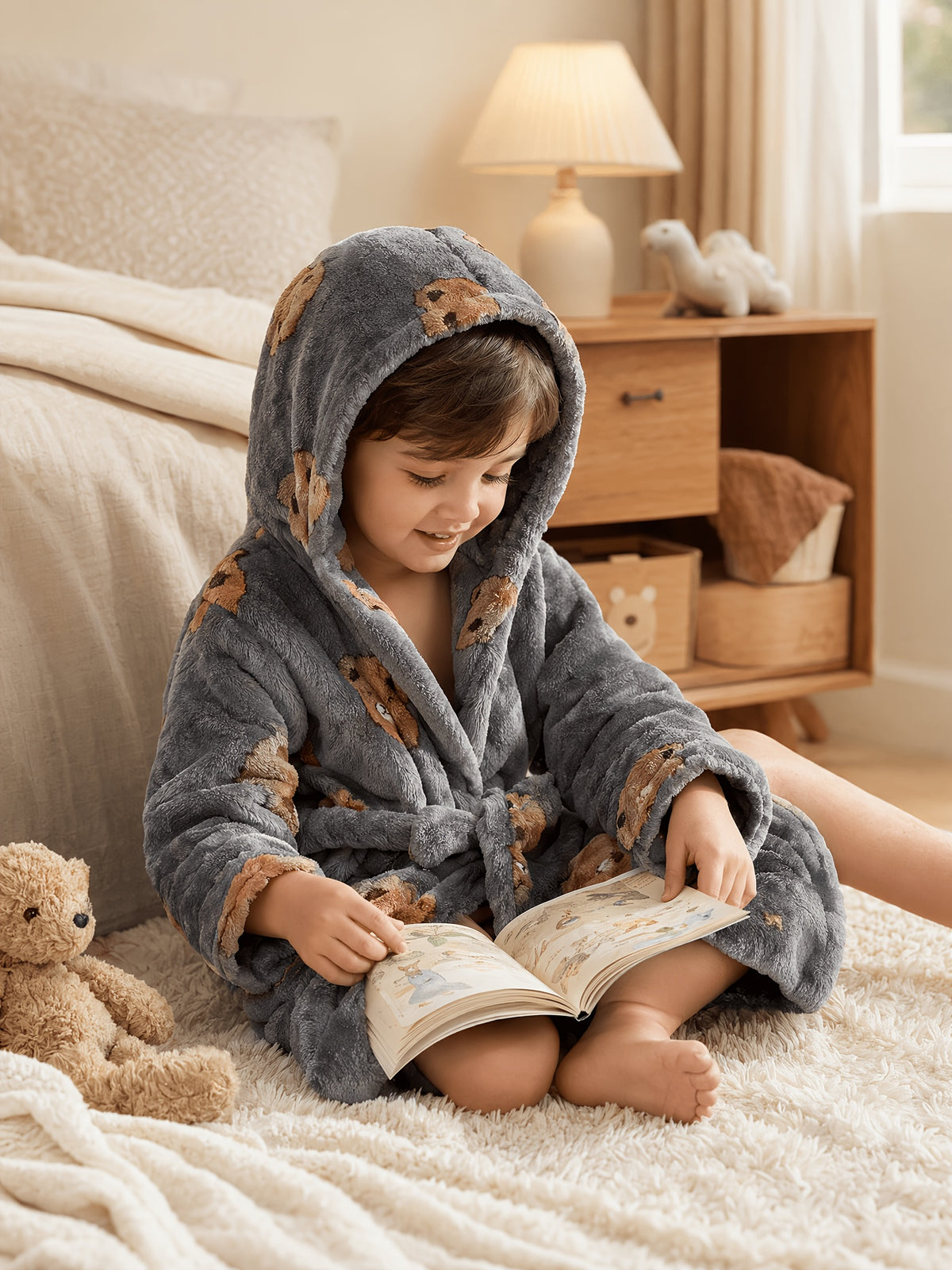 Baby grey long hooded bathrobe