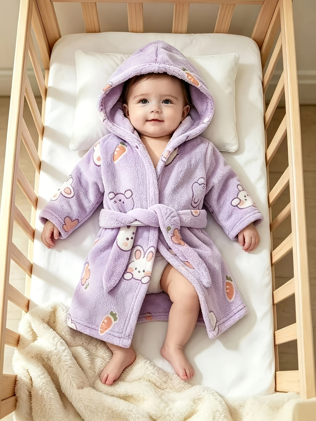 Baby purple long hooded fluffy fleece bathrobe