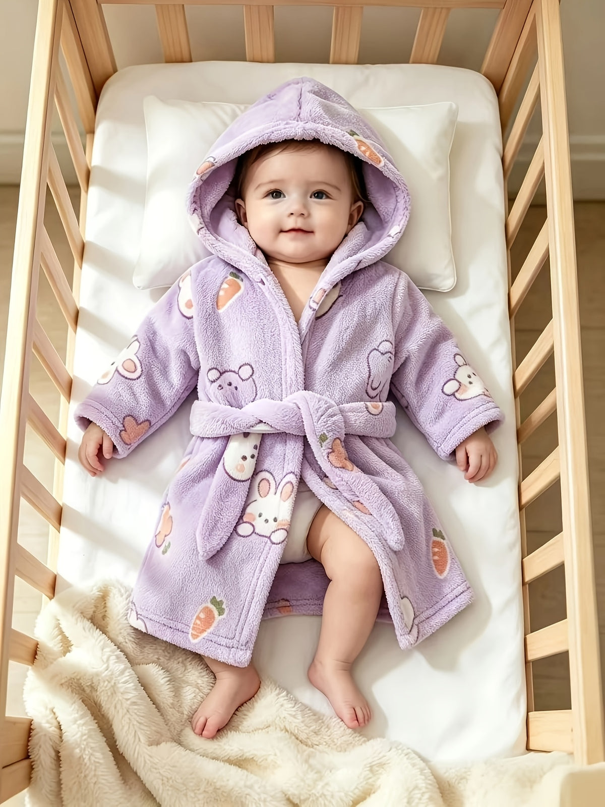 Baby purple long hooded fluffy fleece bathrobe