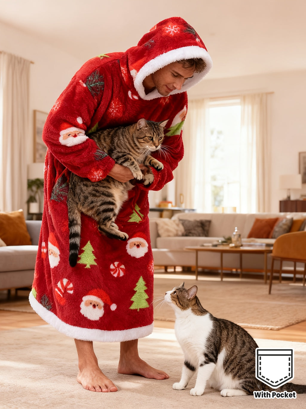 Women's red Christmas hooded fleece dressing gown