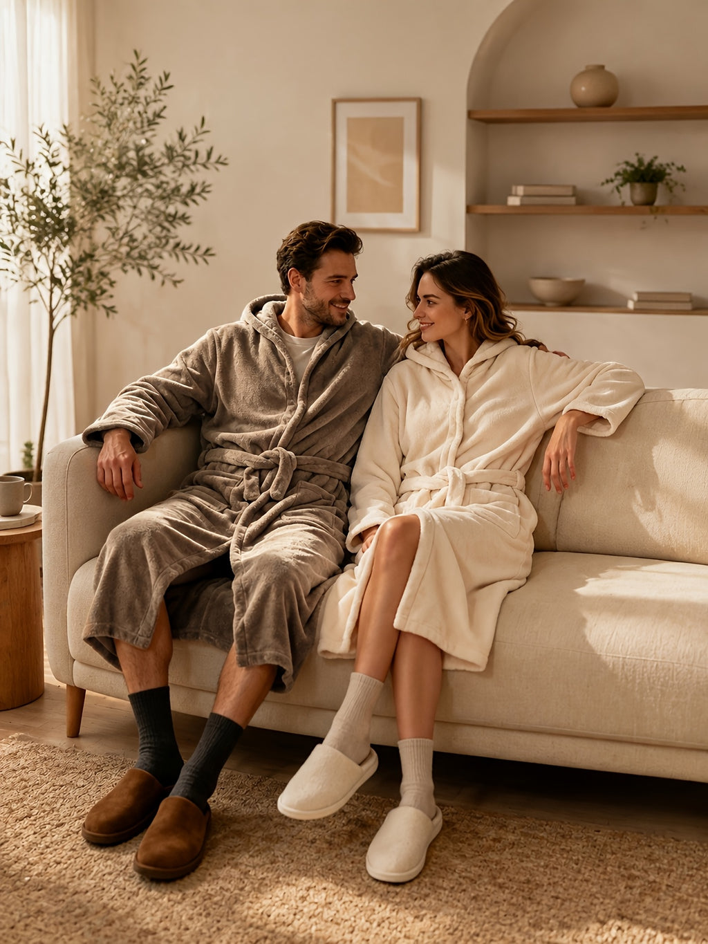 Unisex long hooded fleece bathrobe