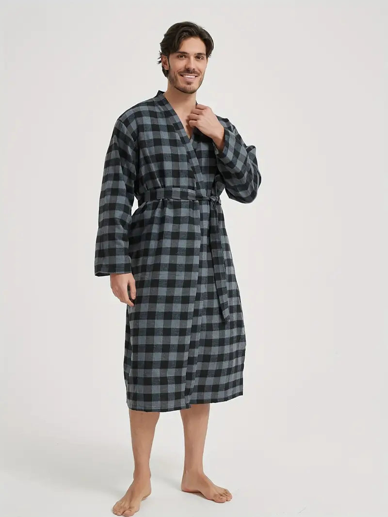 Men's long checked cotton dressing gown — Black