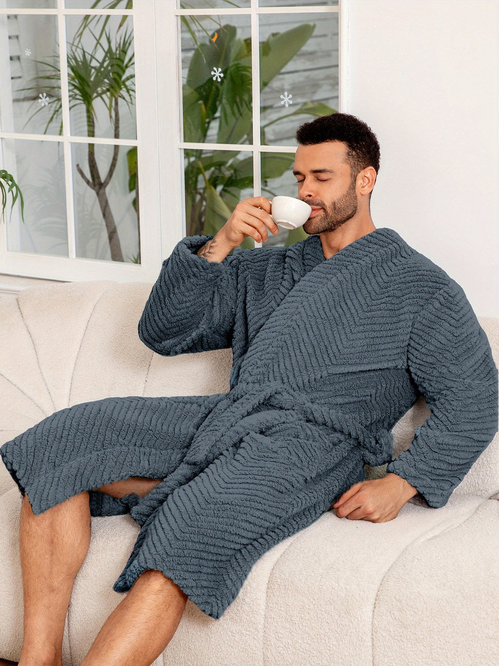 Men's long fleece bathrobe