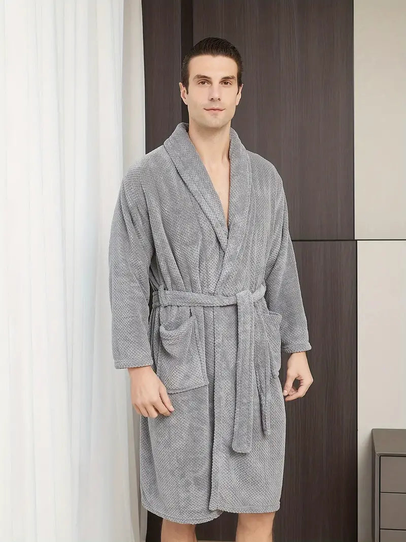 Men's long waffle cotton bathrobe — Grey