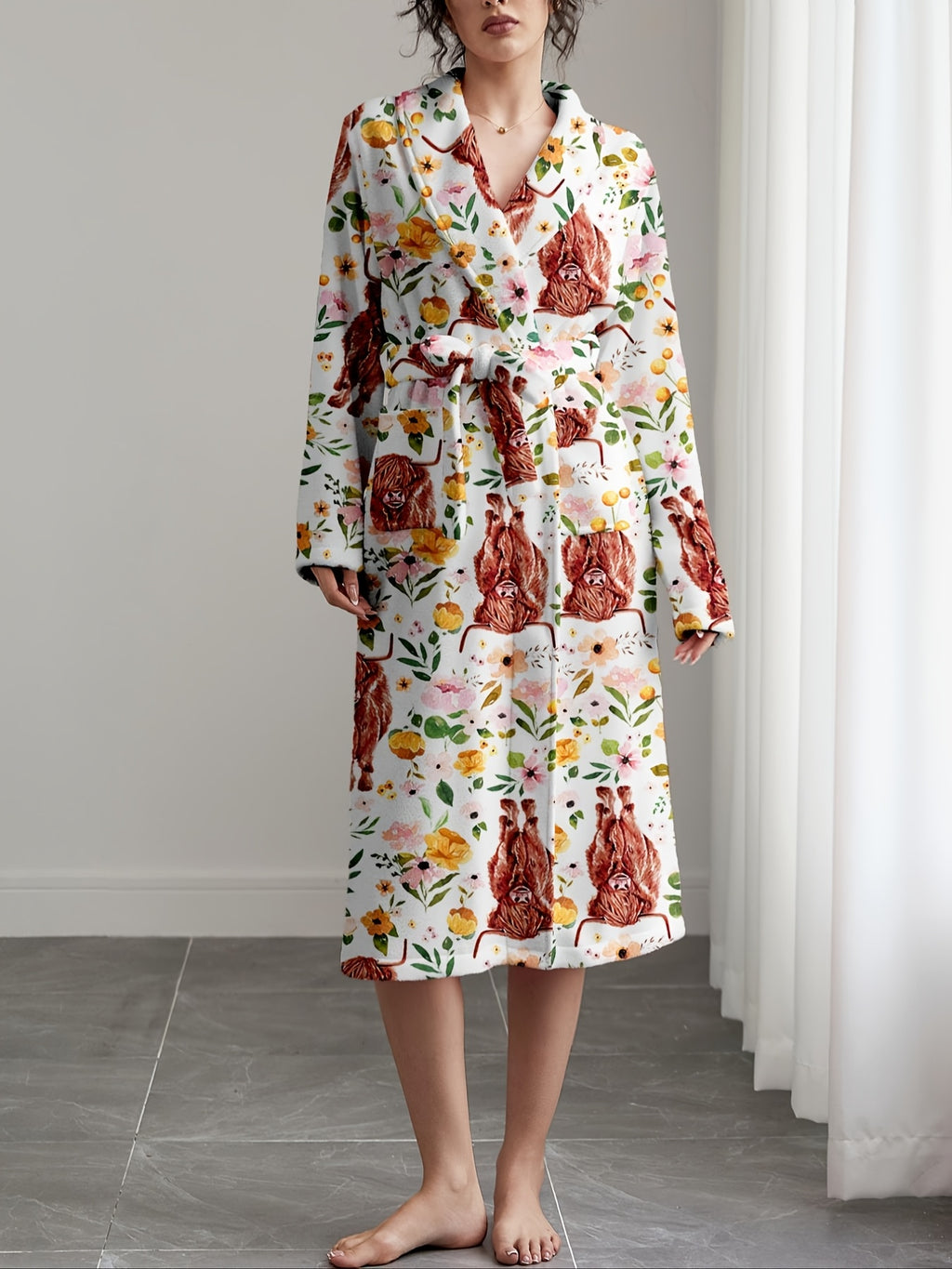 Women's Highland cow print flannel dressing gown