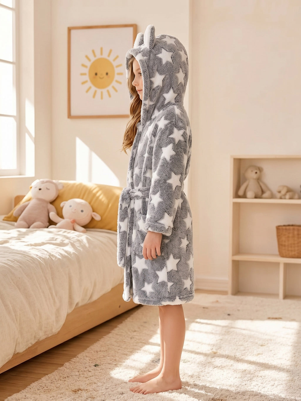 Girls' grey heart print hooded fleece dressing gown