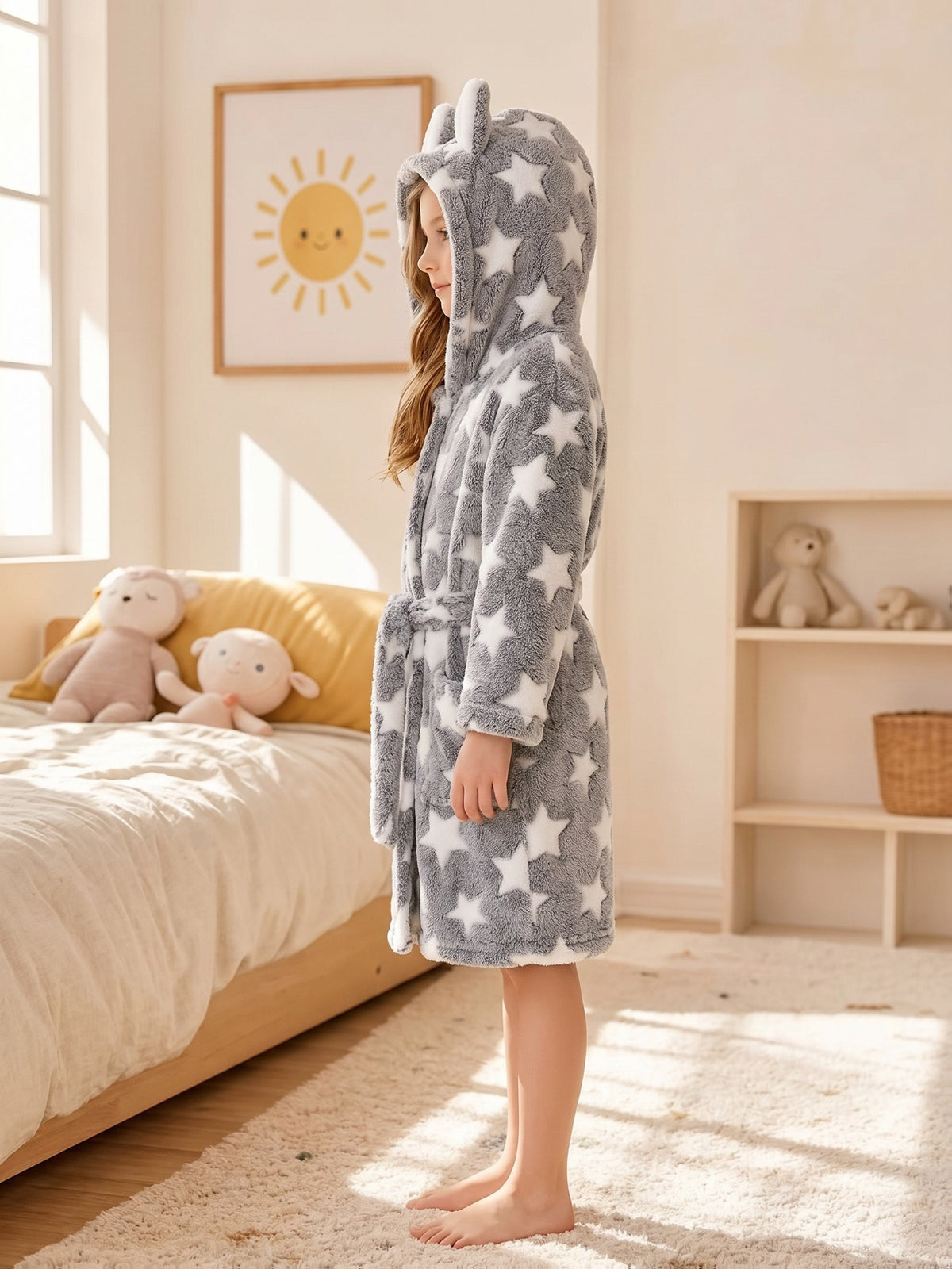 Girls' grey heart print hooded fleece dressing gown