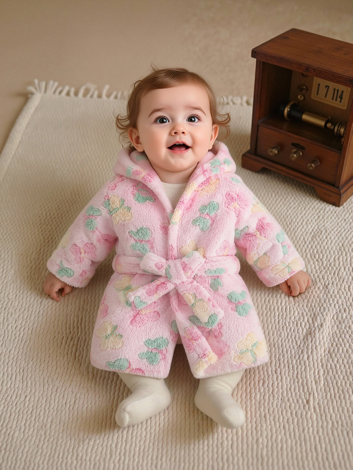 Baby pink hooded towelling bathrobe