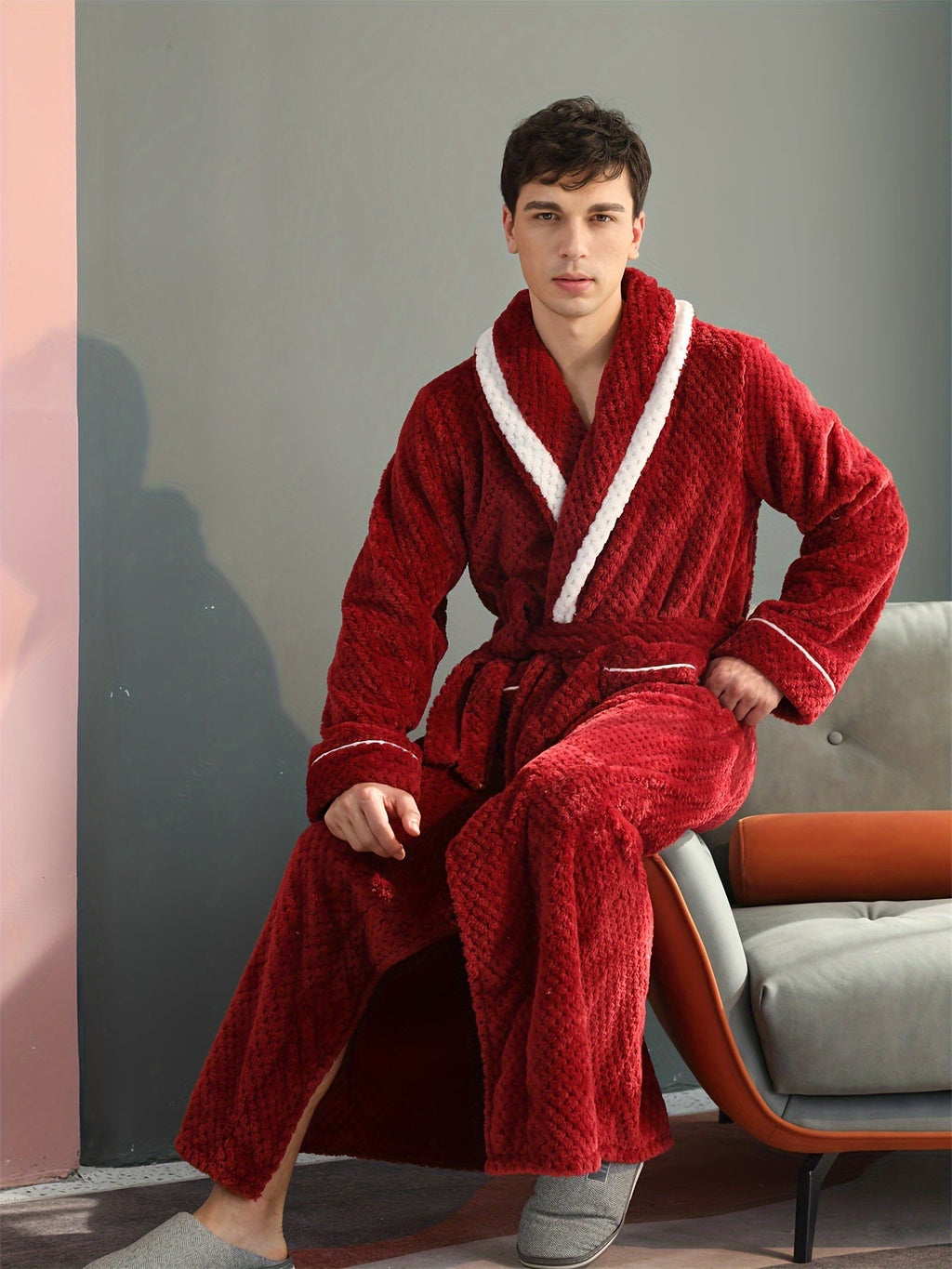 Men's long waffle velour dressing gown