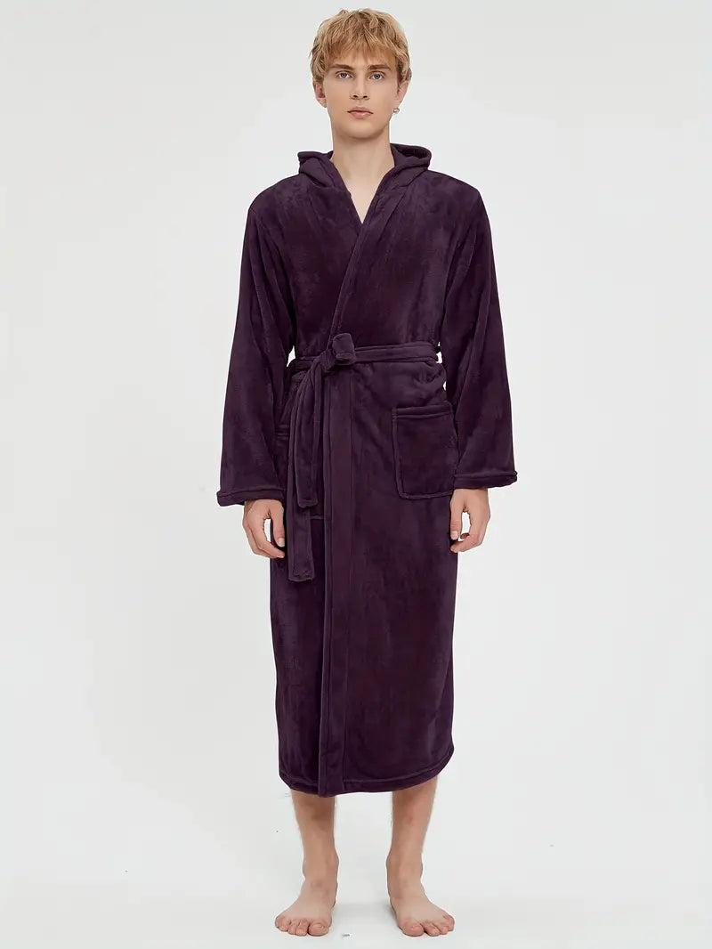 Men's hooded fleece bathrobe, charcoal — Purple