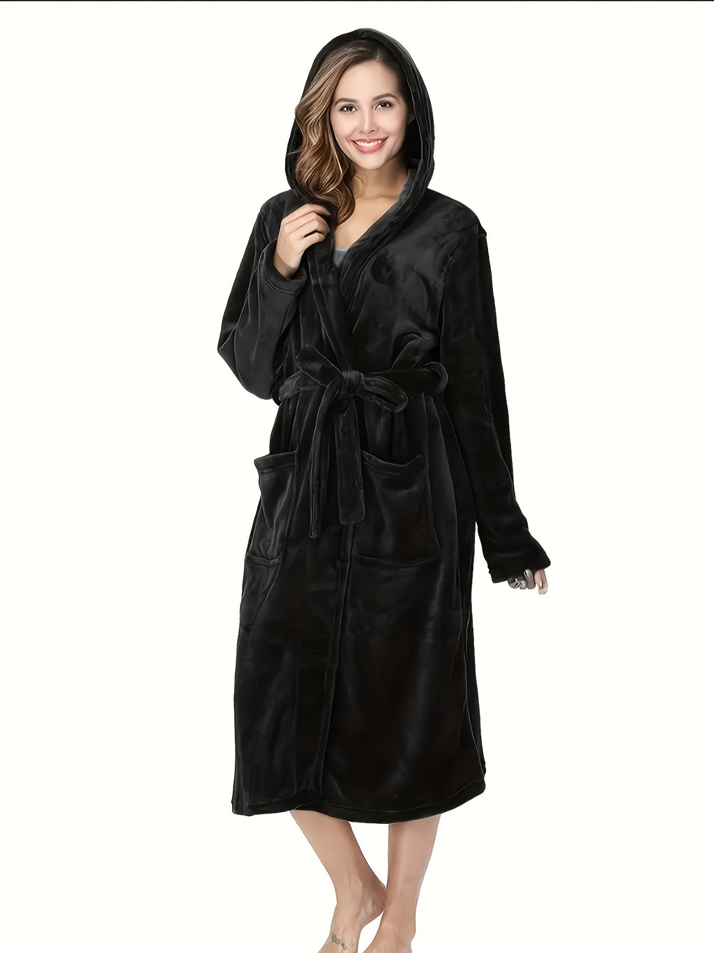 Women's long hooded flannel bathrobe