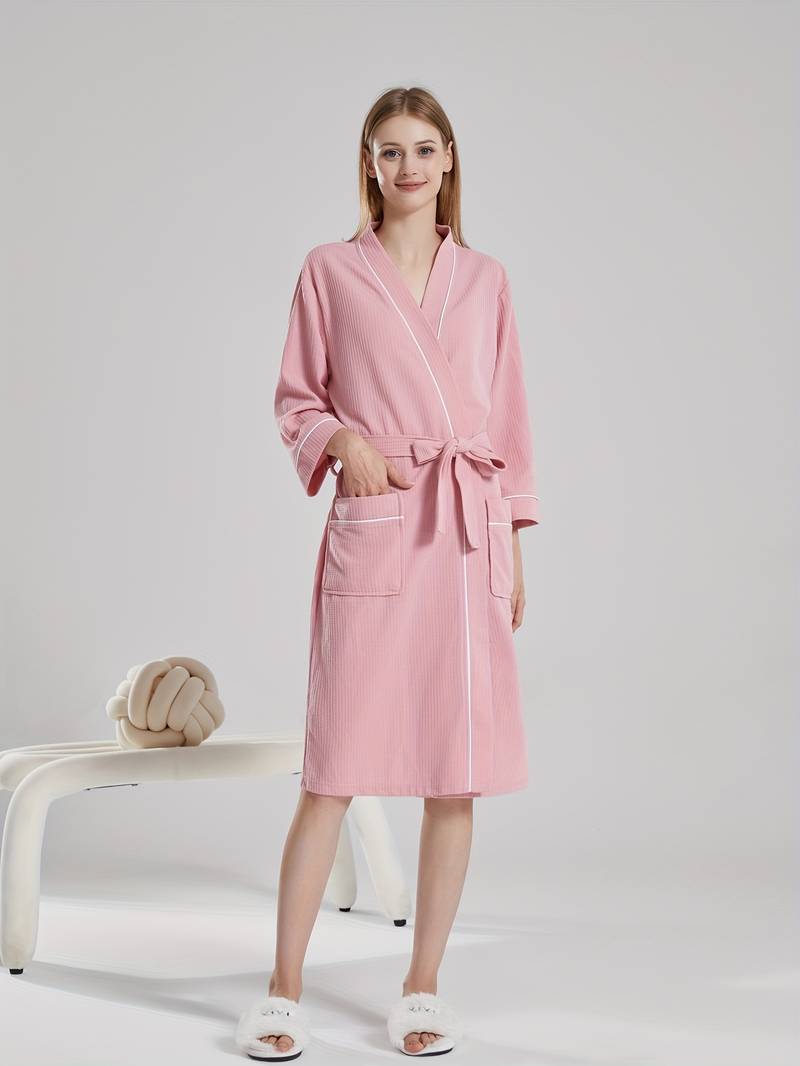 Women's long waffle cotton bathrobe — Pink