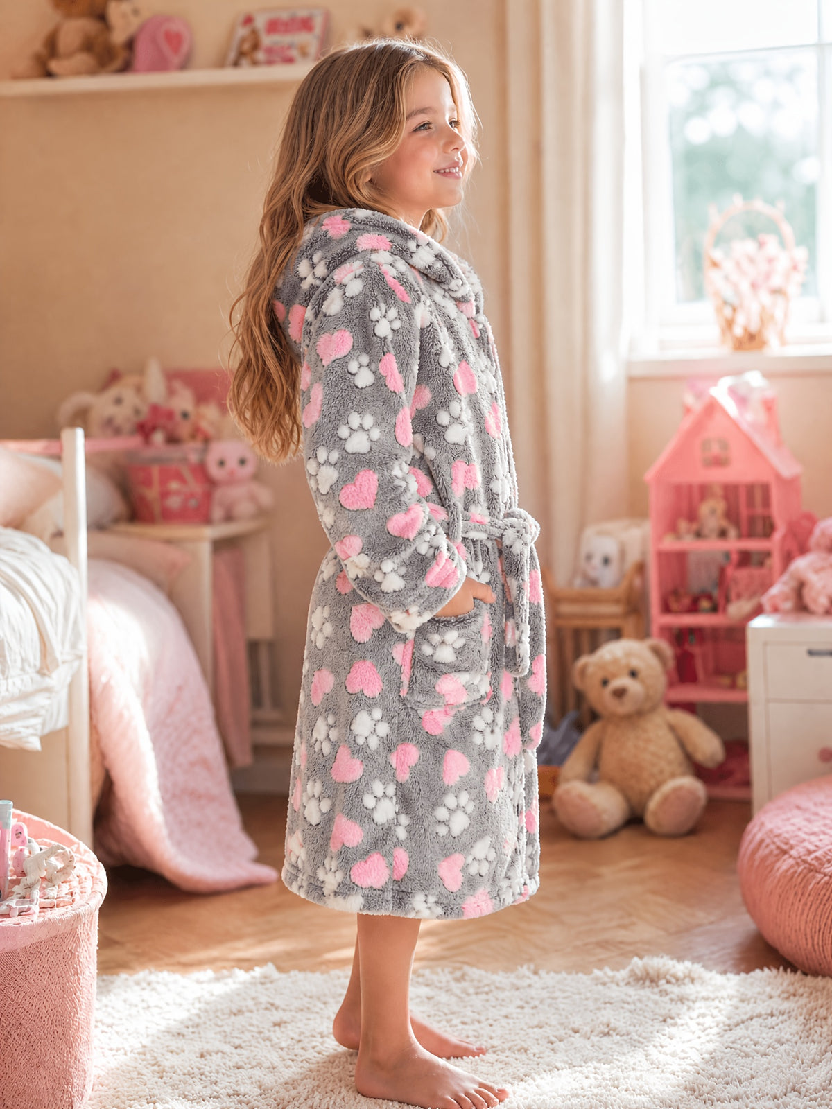 Girls' grey heart print hooded fleece dressing gown