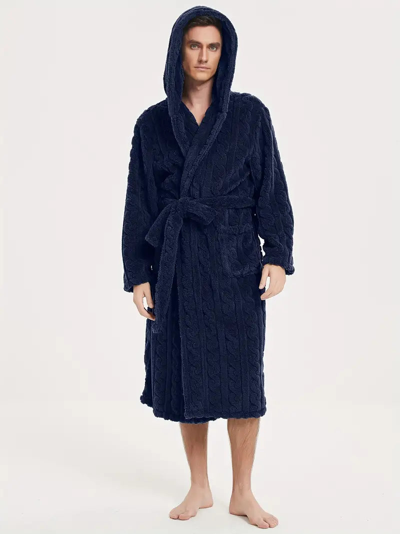 Men's hooded winter fleece bathrobe