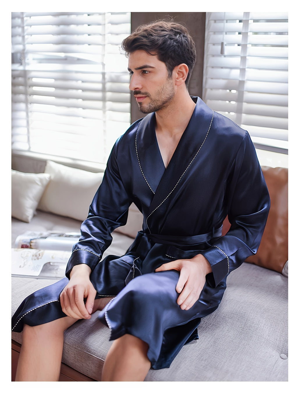 Men's navy mulberry silk dressing gown