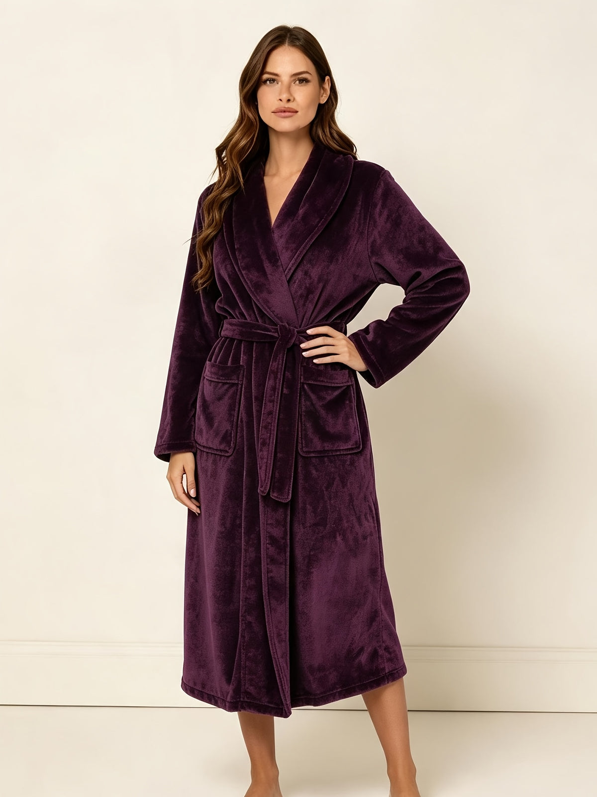Women's plum flannel long dressing gown