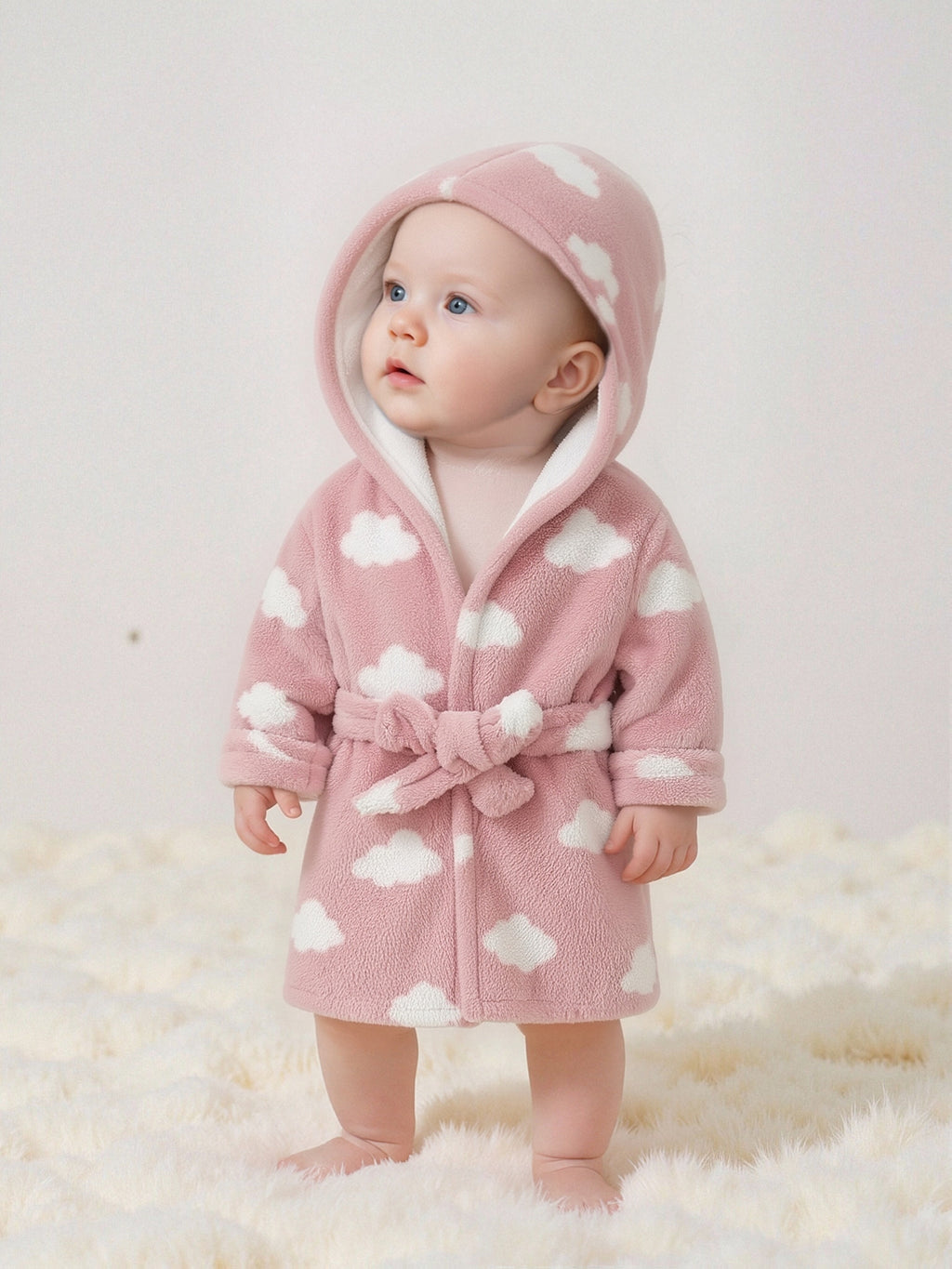 Baby white hooded flannel bathrobe