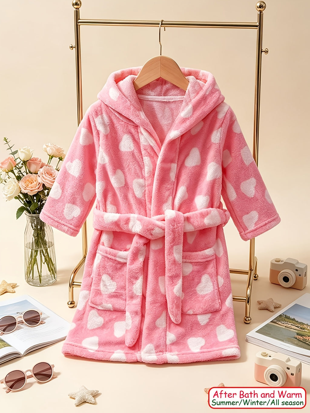 Baby pink hooded fleece bathrobe