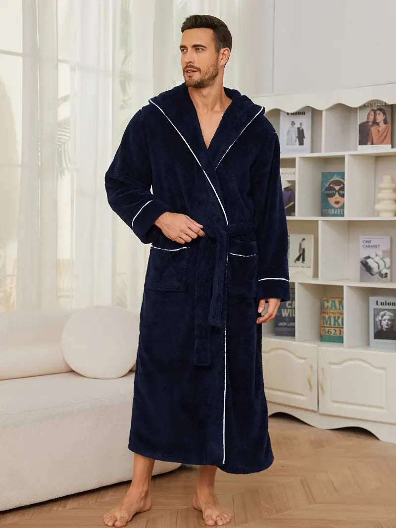 Men's thick hooded fleece bathrobe