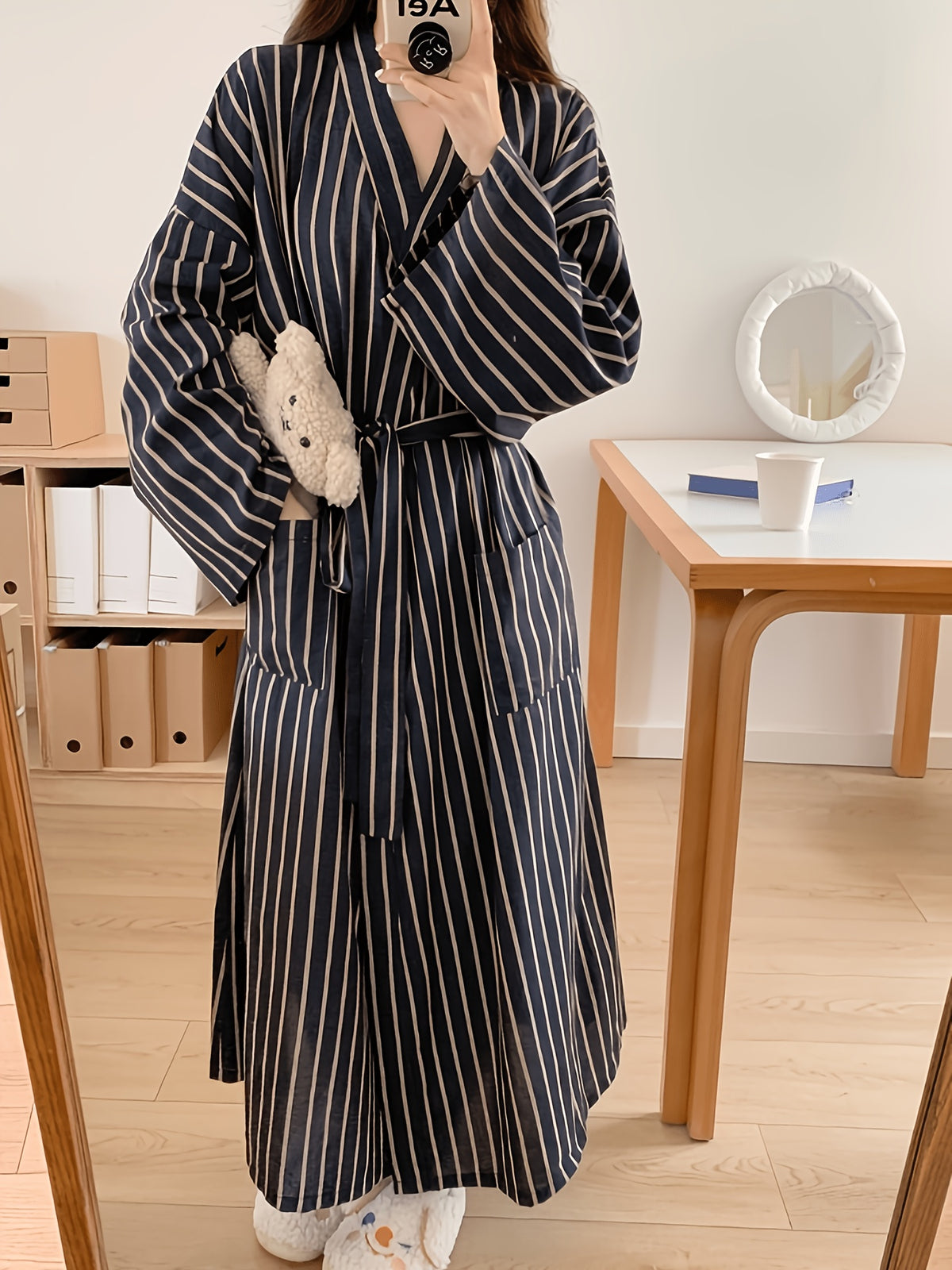 Women's navy striped satin dressing gown