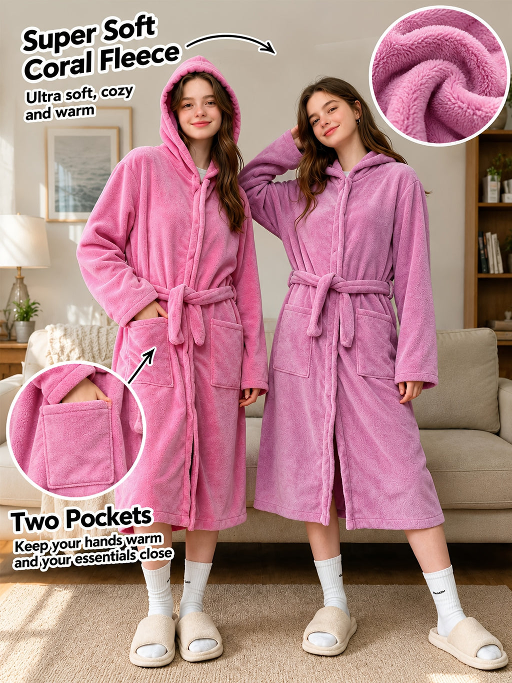 Unisex long hooded fleece bathrobe