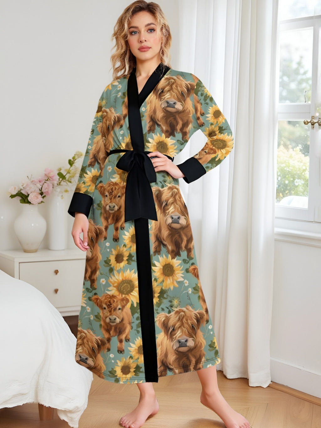 Women's plus size Highland cow and sunflower print dressing gown