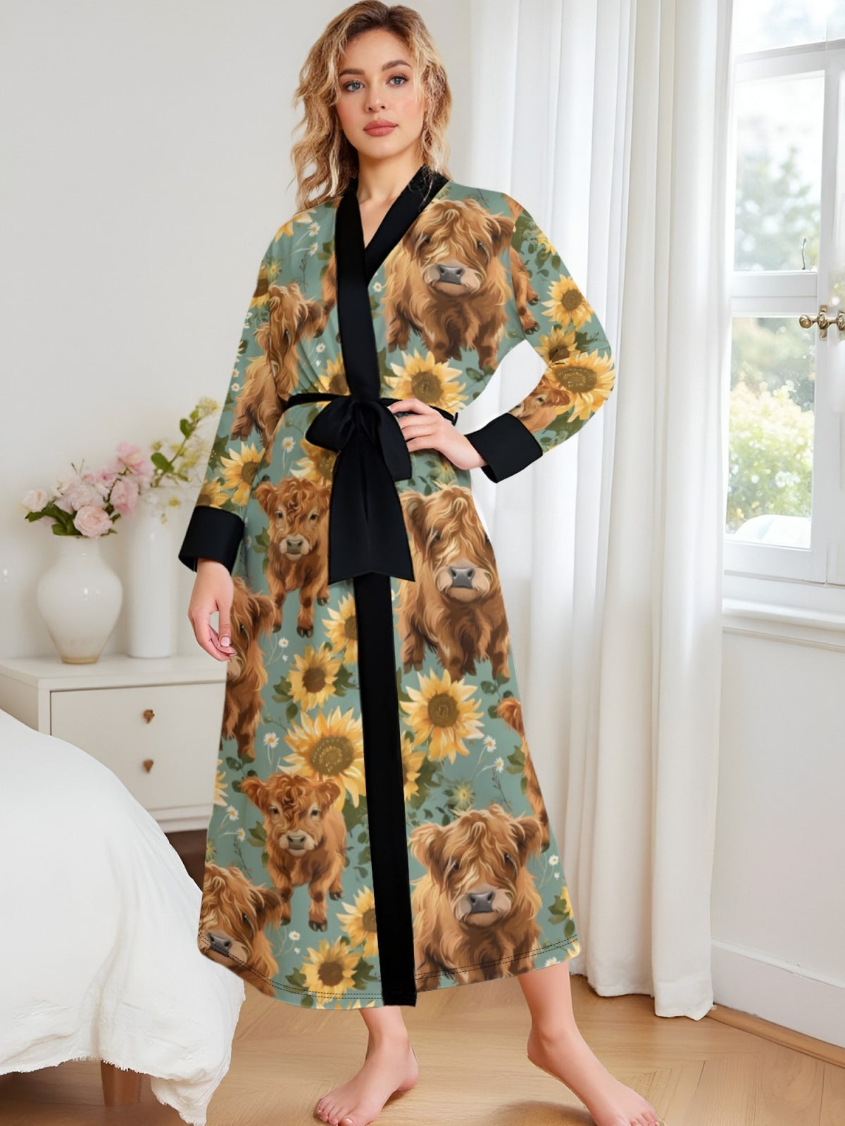 Women's plus size Highland cow and sunflower print dressing gown Image