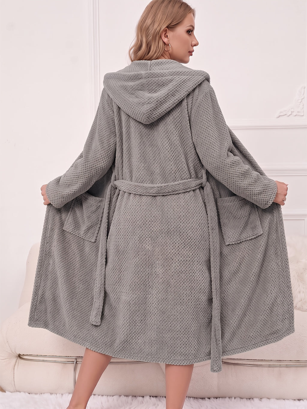 Women's long hooded tartan bathrobe