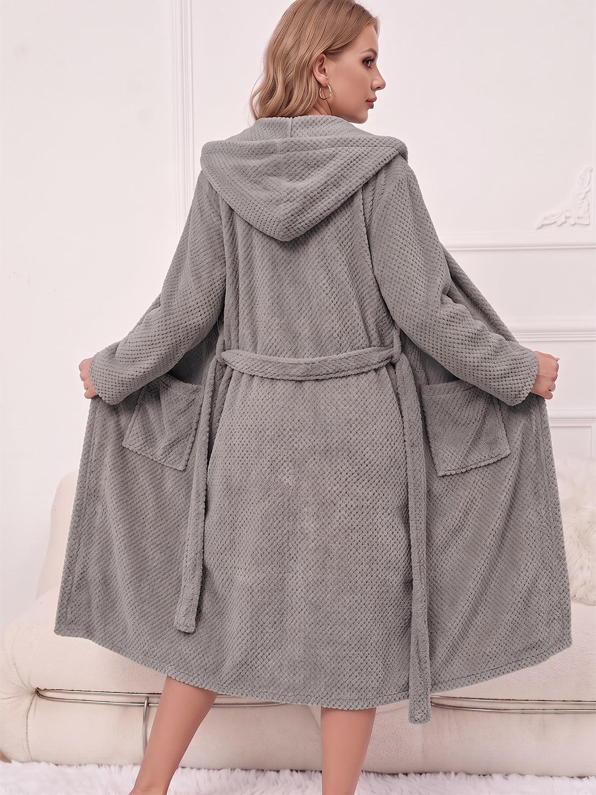 Women's long hooded tartan bathrobe
