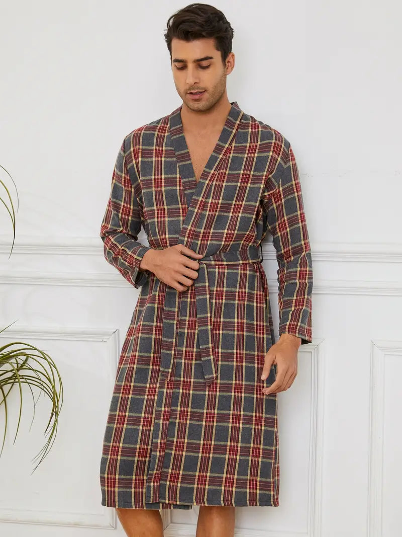 Men's long checked cotton kimono robe — Red