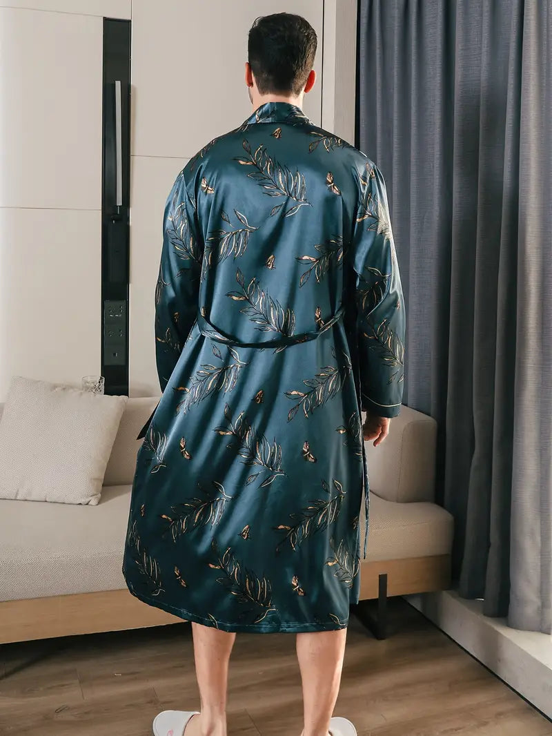 Men's long green satin bathrobe