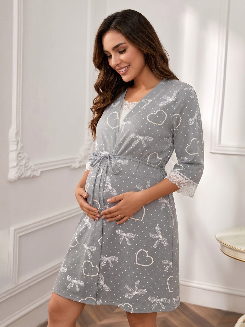 Women's maternity lace dressing gown and nightdress set