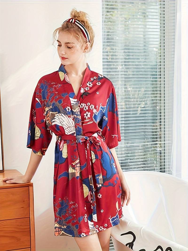 Women's pink floral satin kimono robe