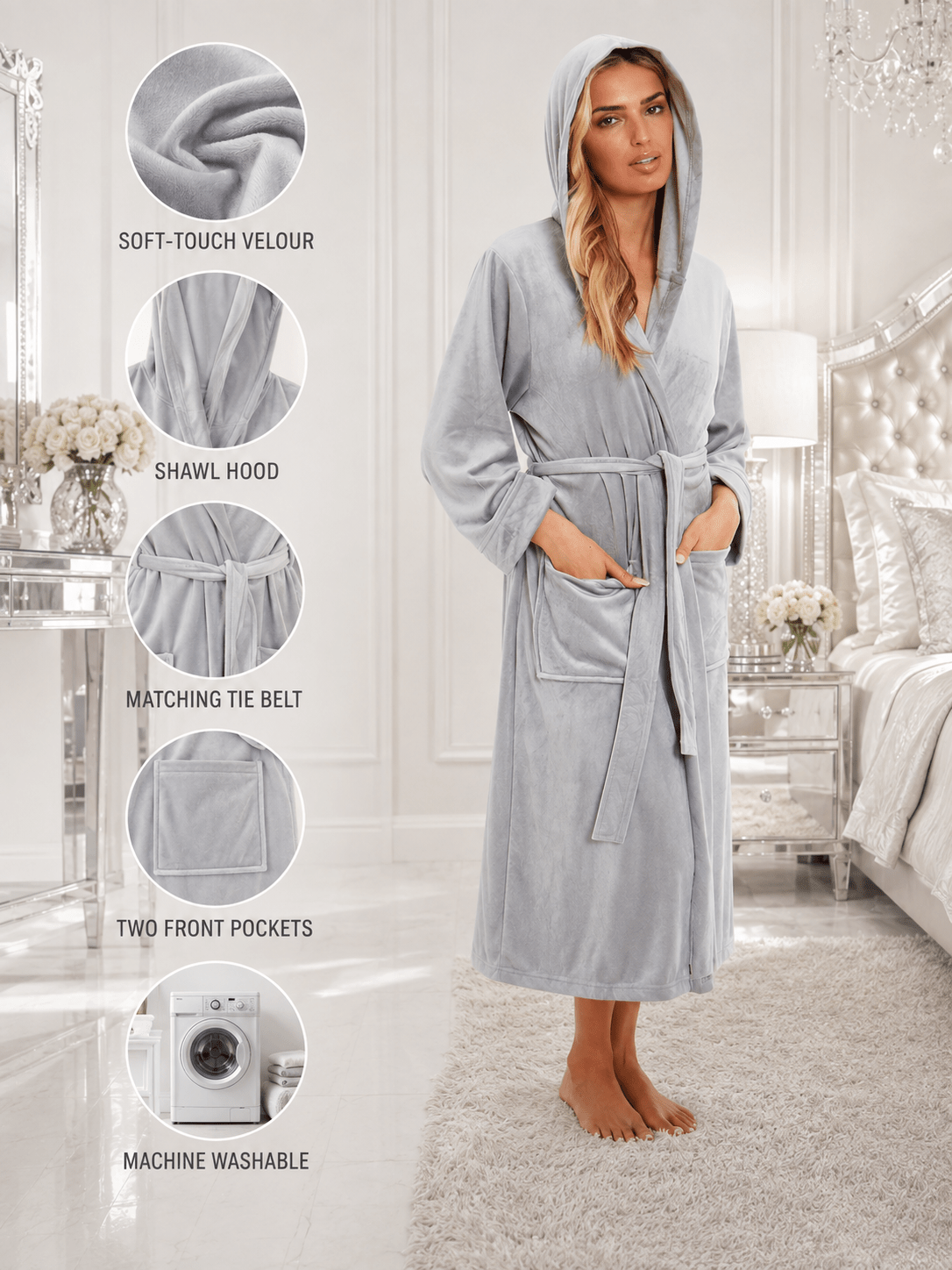 Women's long hooded velour bathrobe